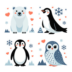Naklejka premium Cute Vector Cartoon Winter Animals – Polar Bear, Emperor Penguin, Baby Penguin, and Owl with Snowflakes and Hearts, Perfect for Kids Books, Greeting Cards, and Winter Posters