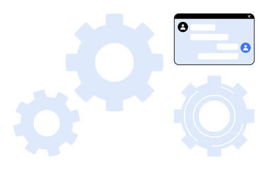 Three interconnected gears paired with a messaging box interface. Ideal for teamwork, automation, communication, productivity, optimization, technology, and a simple landing page