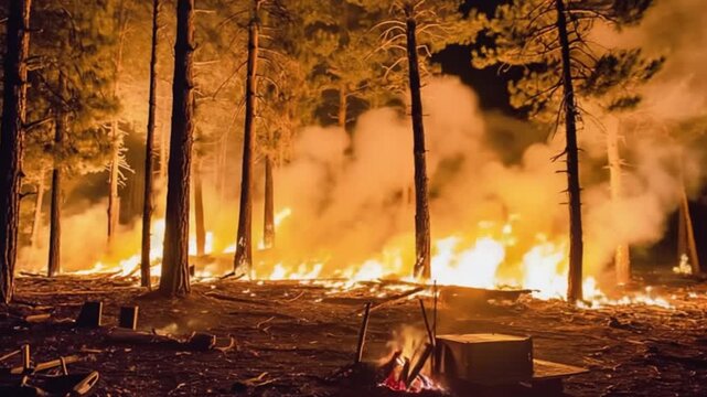 Intense wildfire burning through a forest at night, illuminating smoke-filled trees, creating chaos
