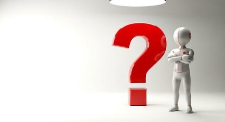 3D Render of Question Mark and Figure Pondering Under Spotlight.