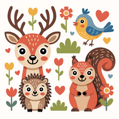 Fototapeta premium Cute Vector Cartoon Woodland Animals – Deer, Bird, Hedgehog, and Squirrel with Hearts and Flowers, Perfect for Kids Books, Greeting Cards, and Nature Illustrations