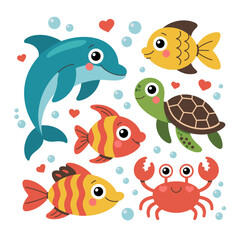 Cute Cartoon Vector set Underwater Animals – Dolphin, Fish, Turtle, and Crab with Hearts, Perfect for Kids Books, Learning Materials, and Greeting Cards