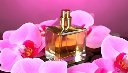 Gold perfume bottle surrounded by pink orchids.
