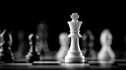 White king chess piece stands prominently on checkered board against dark background game
