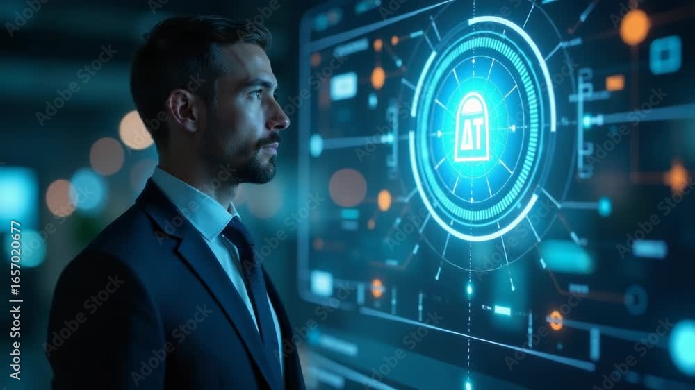 Poster a businessman points at a locked computer screen, possibly indicating security or access issues
