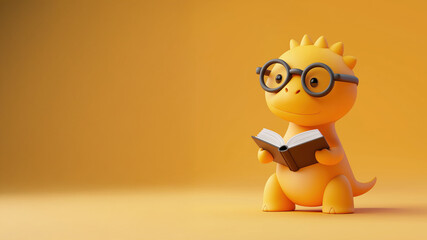 Cute cartoon dinosaur with glasses reading book. Education and learning concept.