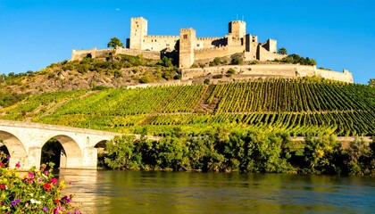 A  medieval castle sits atop a hillside overlooking vineyards and a river.