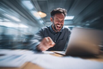 Excited young businessmen celebrating success while working on laptops in modern office environment at night