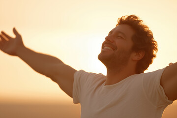 Man enjoying sunset with arms outstretched in a peaceful outdoor setting