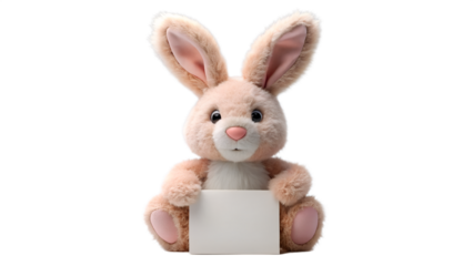 Cute fluffy pink bunny rabbit plush toy holding a blank white sign, isolated on transparent background, perfect for easter or childrens themes