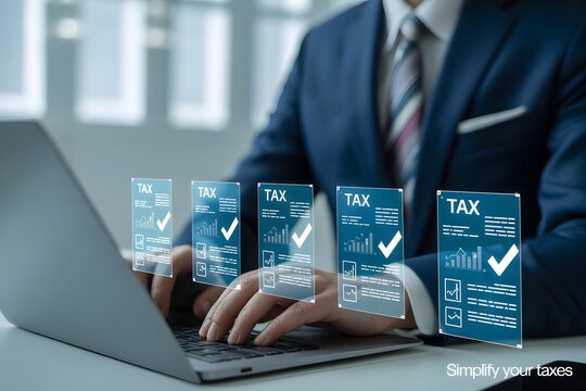 Tax Season Simplified: A modern professional, at his desk with a laptop, navigates the complexities of taxes with ease. With a sleek design.