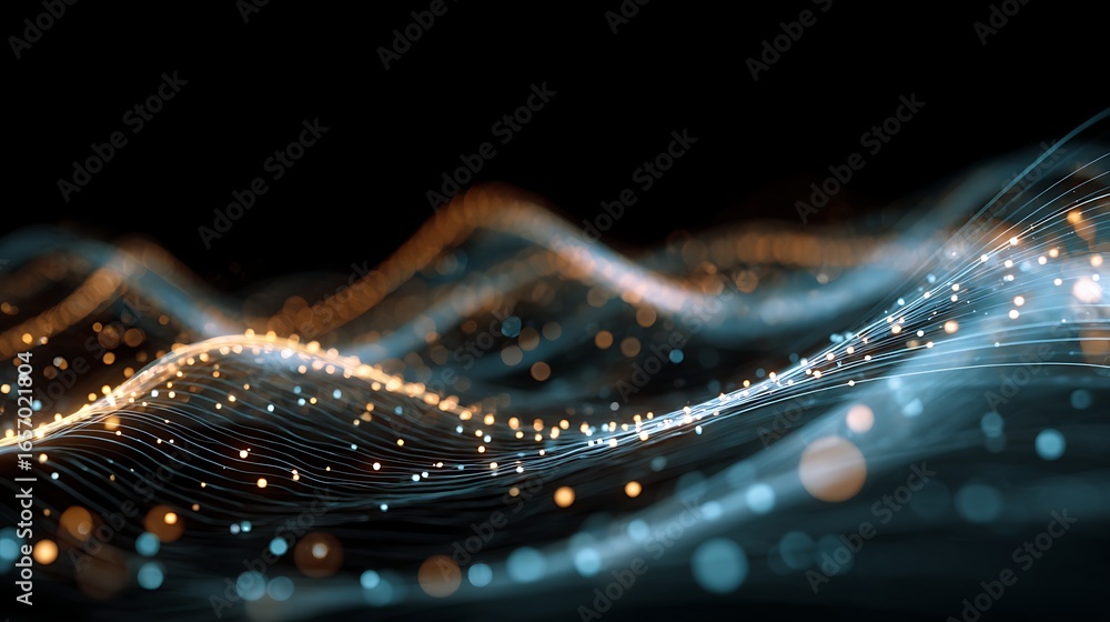 Poster abstract data stream visualization background for technology and science with glowing particles and 