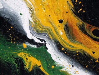 Abstract black, gold oil acrylic painting background wallpaper backdrop. Expressive art paint, flow, copy space, splatter, brush strokes, white, green, vivid bright colors.