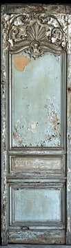Vintage ornate door with peeling paint, showcasing intricate woodwork and faded elegance.