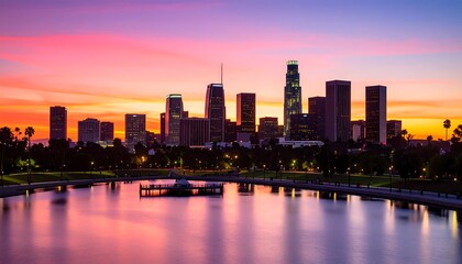 Fototapeta premium City skyline at sunset over a pond