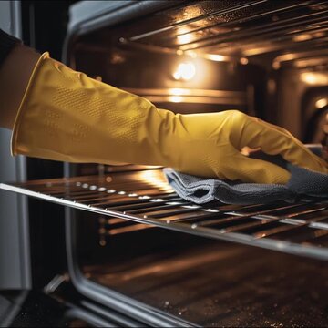 mann, herd, gasherd, ofen, backofen, k&uuml;che, reinigen, putzfraui, handschuh, reinigungsmittel, lapen, herd, gitterrost, rost, reiniger, hand, unterhaltung, technik, synthesizer, toasting, frau, handr&uuml;h