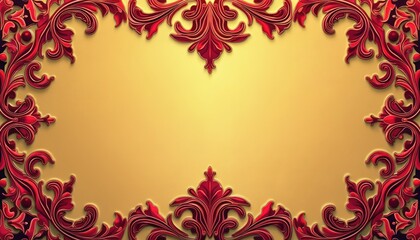 Intricate red floral ornament adorns gold background, suggesting luxury, royalty. This baroque-inspired design, reminiscent of damask wallpaper, features ornate scrolling patterns with rich textures.
