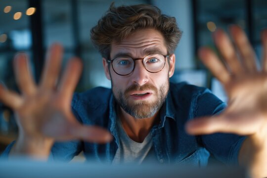 Frustrated businessman gesturing towards screen in disbelief while working late in modern office with digital glare