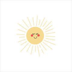 Sun. Vector funny sun in flat design. Happy smiling sun. Hand drawn Funny happy smiley sun character. Vector illustration isolated on white background. Sun character.