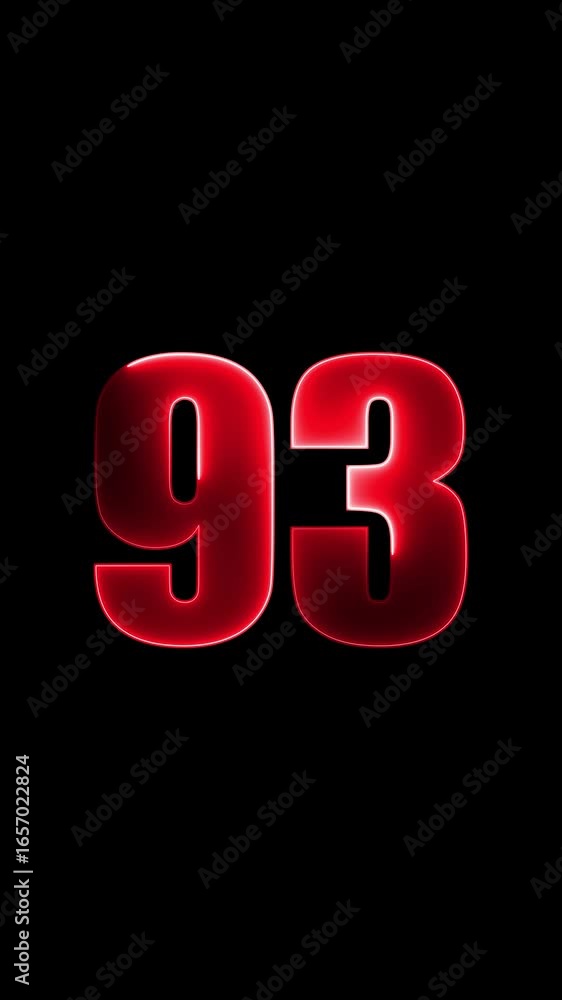 Poster red metallic number 93 with glowing effect on black background ninety three numeral