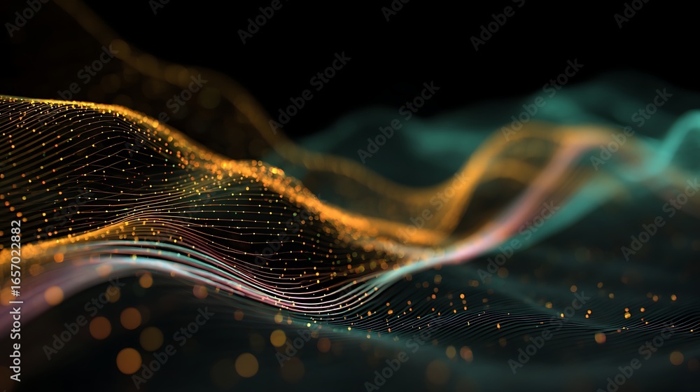 Poster abstract network technology background with data stream and digital wave visualization design art 3d