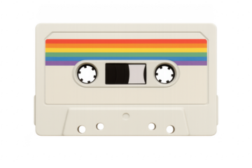White audio cassette with rainbow sticker on transparent background