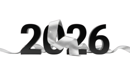 2026 text with a white ribbon draped around it against black backdrop