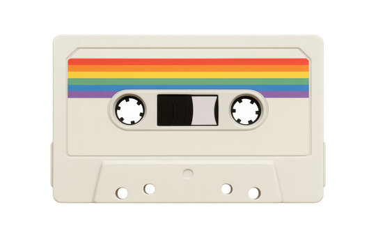 White audio cassette with rainbow sticker on transparent background - Powered by Adobe