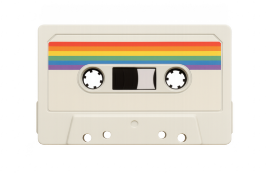 White audio cassette with rainbow sticker on transparent background
