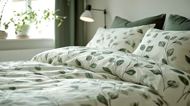 Cozy bedding with leaf motif in tranquil bedroom interior  