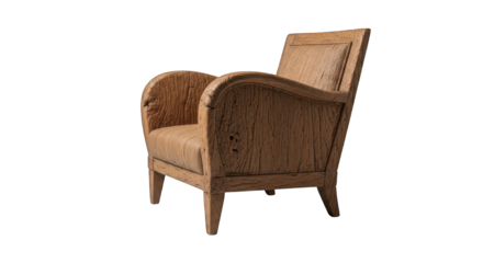 Aged wooden armchair with curved armrests, rustic texture on black background
