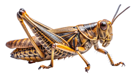 A detailed closeup of a grasshopper isolated on a transparent background, highlighting its intricate body structure, wings, and antennae