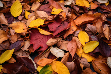Colorful autumn leaves in a pile for seasonal backgrounds.