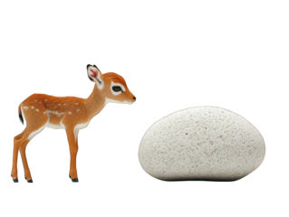 A fawn stands next to a rounded rock, isolated on a black background