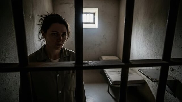 Sad female prisoner standing in dark prison cell behind bars, dramatic jail scene symbolizing crime, punishment, justice and lost freedom