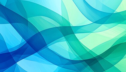 Abstract design with flowing, translucent, layered lines of varying shades of blue and green.