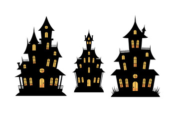 Obraz premium Three spooky haunted houses with glowing windows and doors isolated against a plain setting drawing