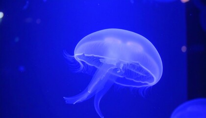 A luminous jellyfish floats serenely in a vibrant blue aquarium.