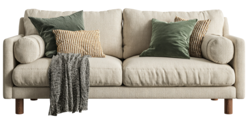 Cream-colored sofa with accent pillows and throw