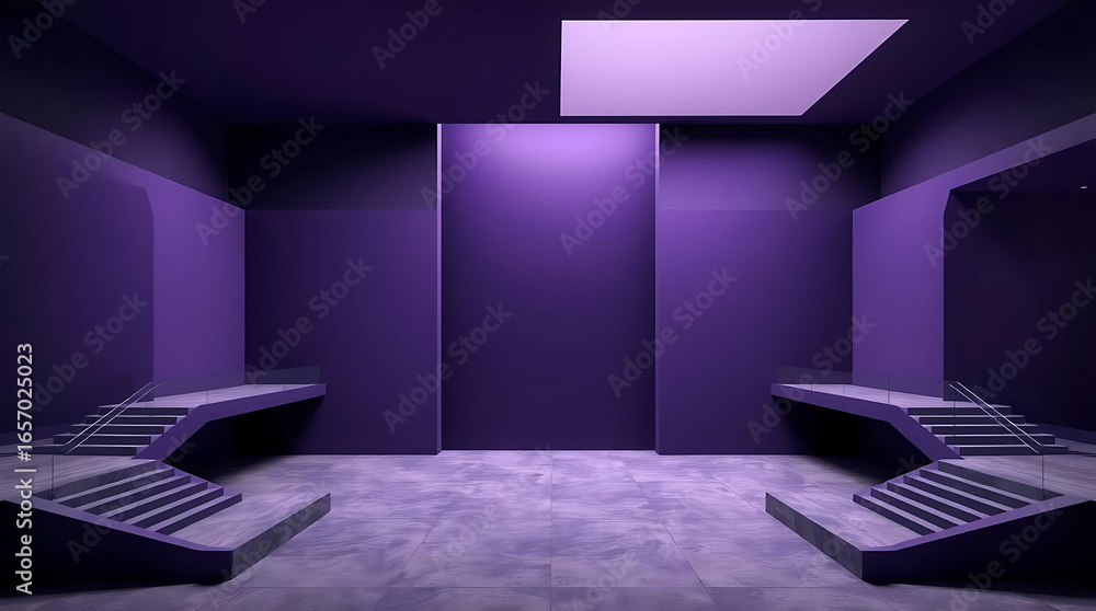 Poster modern purple interior with geometric shapes and concrete floors, creating a futuristic and abstract
