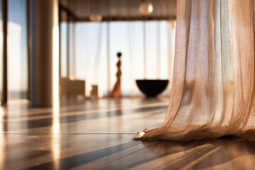 Elegant indoor space at sunset with soft curtains and a figure in silhouette