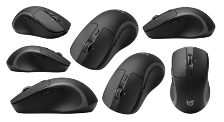 Black ergonomic computer mouse, shown from various angles, on a black background