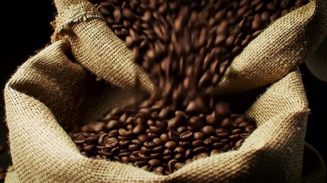 Rich coffee beans pour from burlap sacks, showcasing a blend of texture and aromatic allure for coffee lovers.
