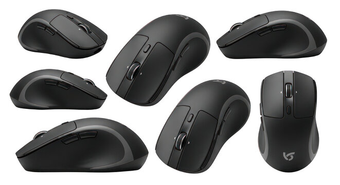 Black ergonomic computer mouse, shown from various angles, on a black background