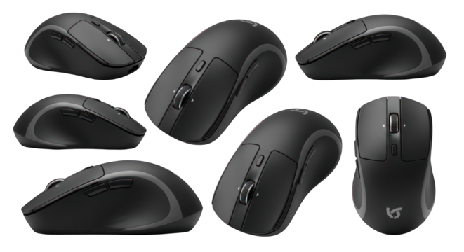 Black ergonomic computer mouse, shown from various angles, on a black background