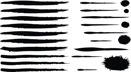 Set of black brush strokes and ink lines of various thickness isolated on white background