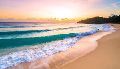 Fototapeta premium A serene tropical beach at sunset, featuring turquoise waves gently washing ashore on a pale golden beach.