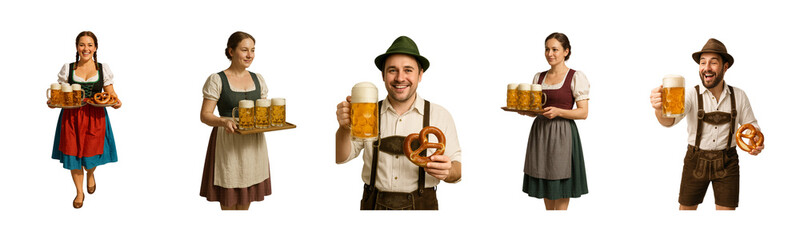 Oktoberfest-themed characters in traditional Bavarian costumes, men women holding large beer mugs soft pretzels, perfect for illustrating German beer festival scenes