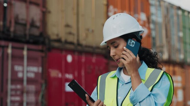 Female Industrial Engineer In White Hard Hat And High-Visibility Vest Talks On Phone While Cross-Referencing Goods With List. Latina Forewoman Stands And Calls Staff, Dressed In Safety Uniform