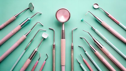 A collection of professional dental tools and instruments with pink and teal handles, including mirrors, probes, and scalers, arranged neatly on a clean mint green background for dental care and exami